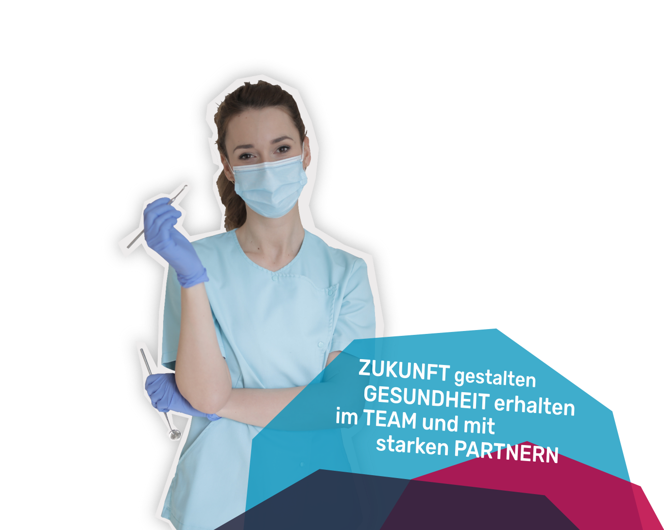 Grafik mit einer Zahnarzthelferin im Porträt vor dem Schriftzug „Zukunft gestalten“